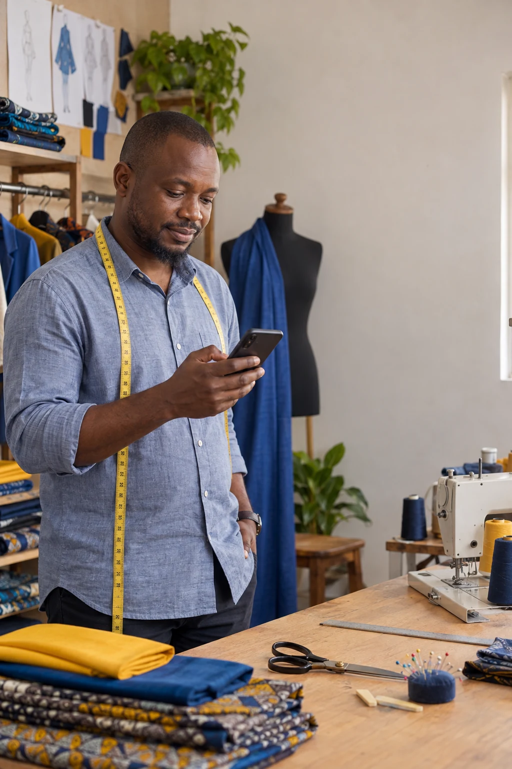 Nigerian tailor reviewing information on his phone at work