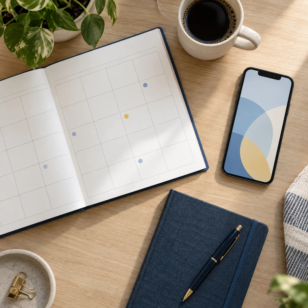Calendar and phone arranged as a repayment planning reminder