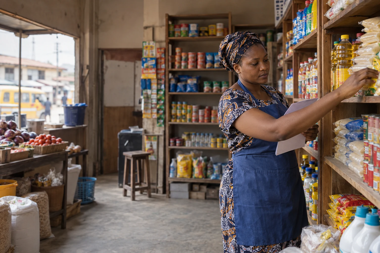 Nigerian shop owner checking stock in a neighbourhood store