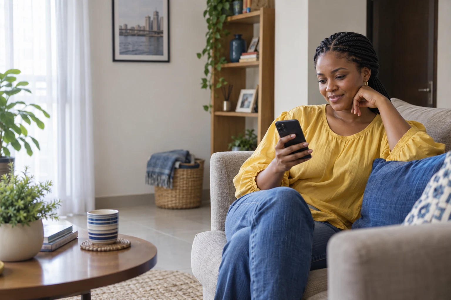 Nigerian customer checking information on her phone at home