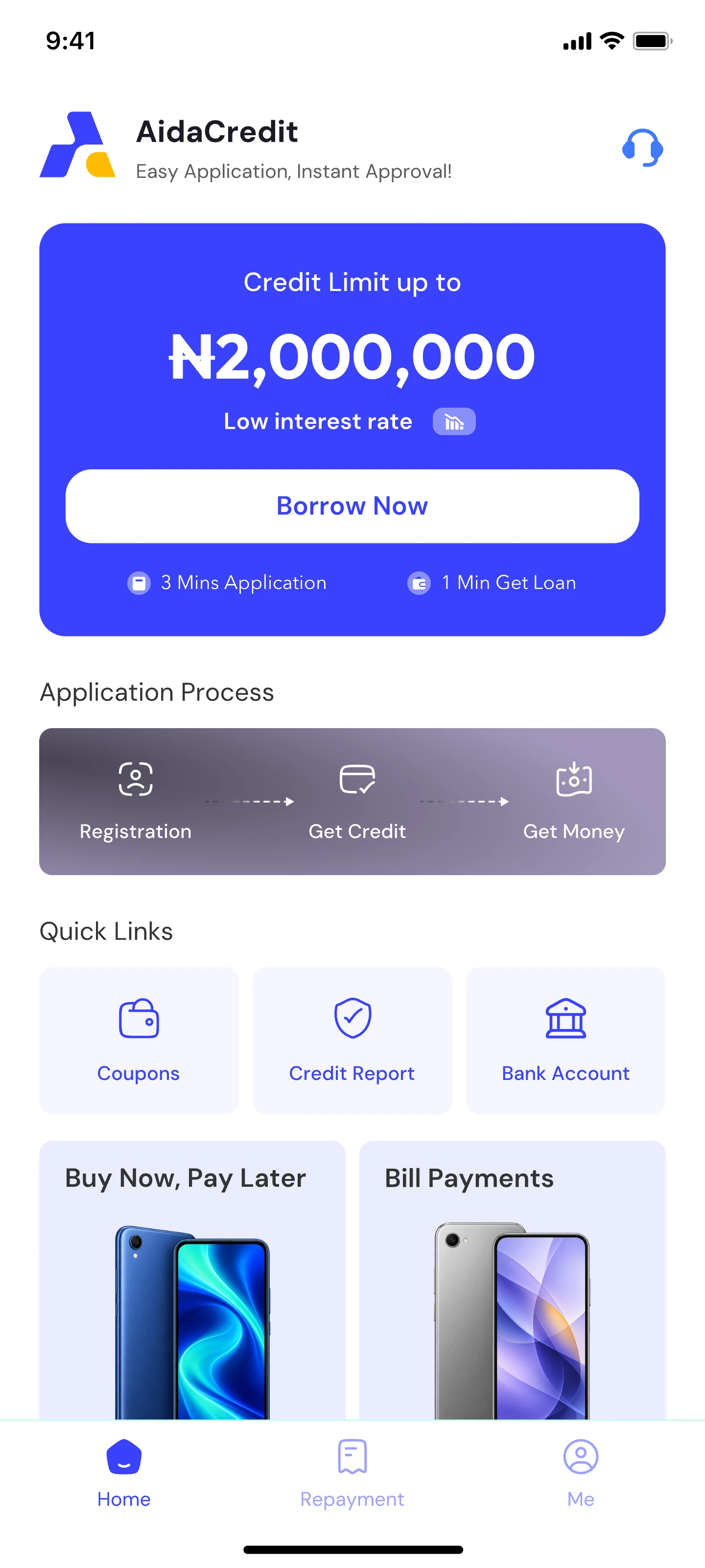Aida app home screen showing account overview
