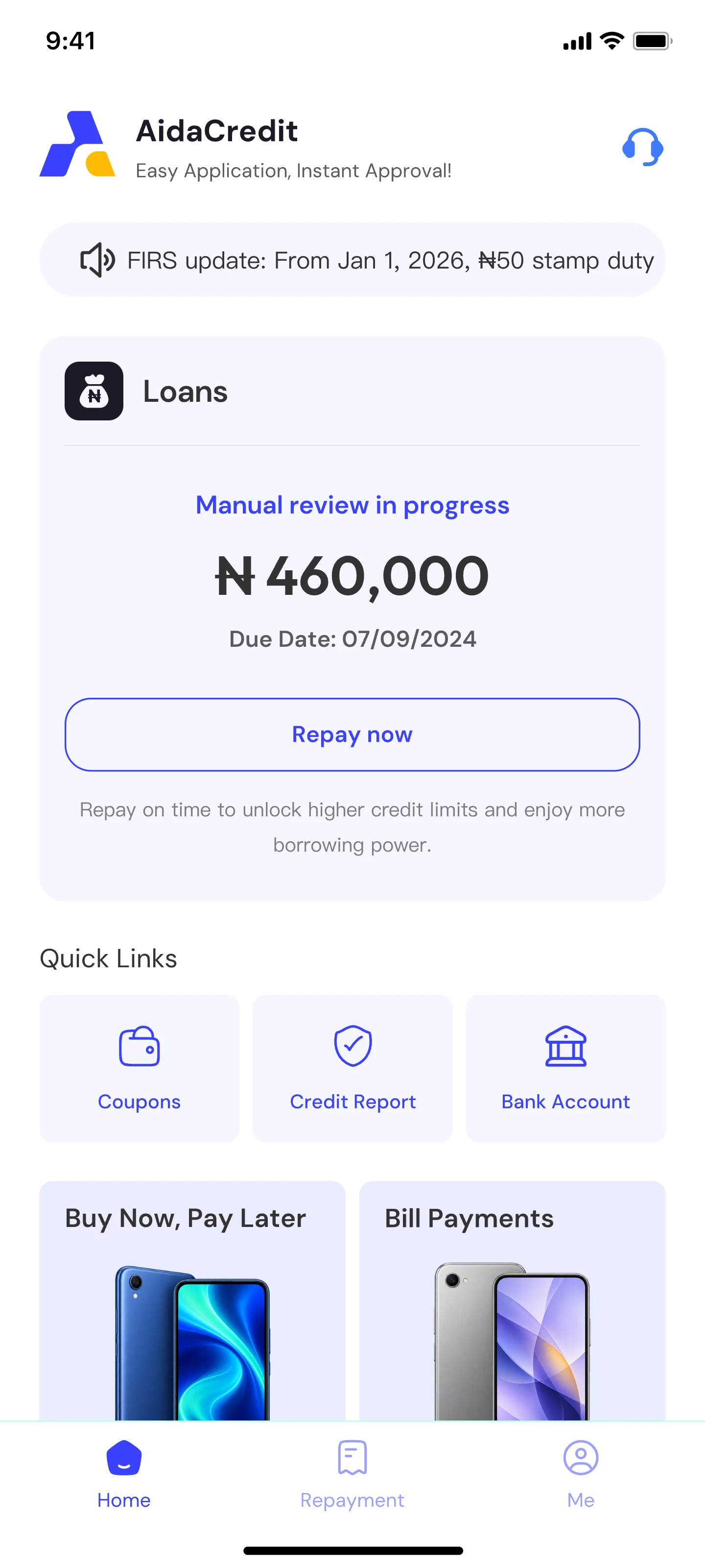 Aida app repayment screen