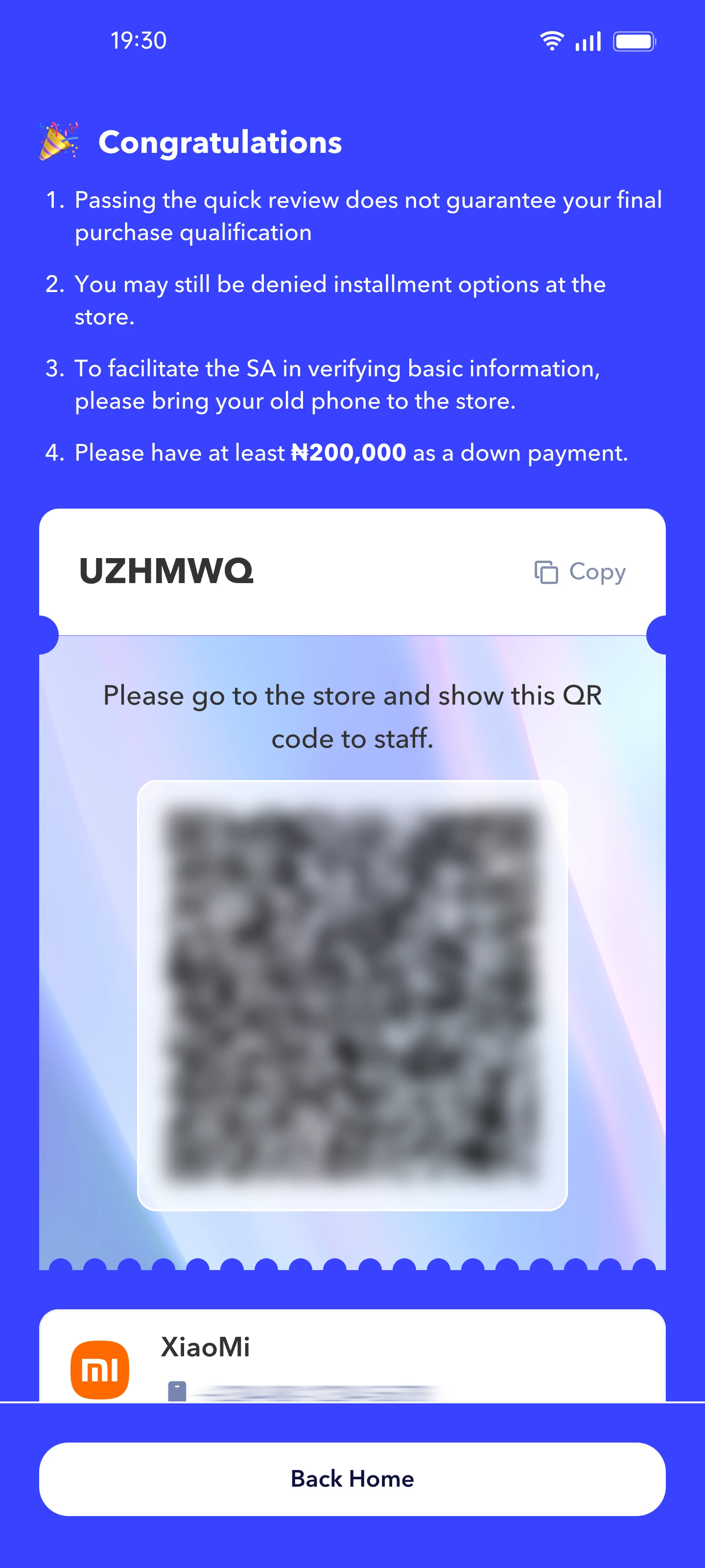 Aida phone finance approval and store collection screen